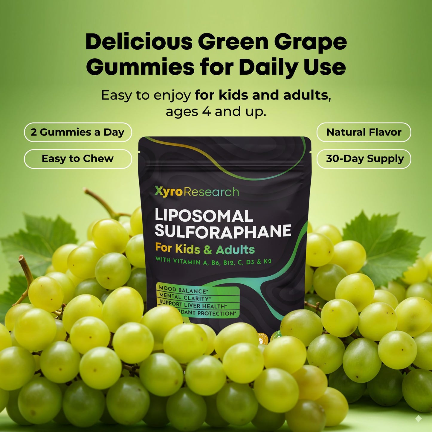 Xyro Research Liposomal Sulforaphane Gummies - 150mg Broccoli Sprout Extract with Vitamins for Kids & Adults - Antioxidant Cellular Health & Liver Detox Support - Non-GMO, Vegan, Sugar-Free, 60 Gummies