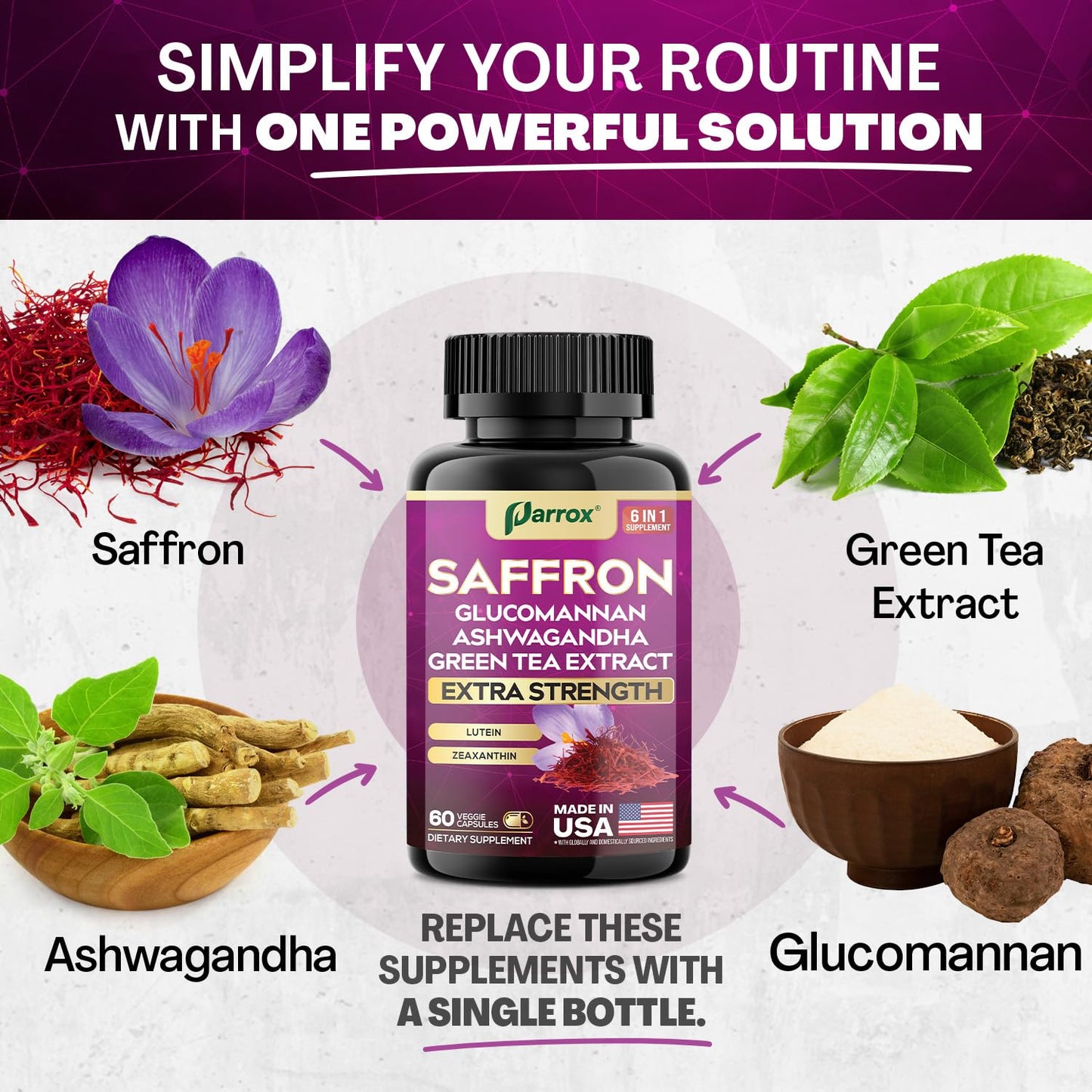 Parrox Saffron Supplement, Vision & Wellness Support, Glucomannan Capsules, 60 Capsules