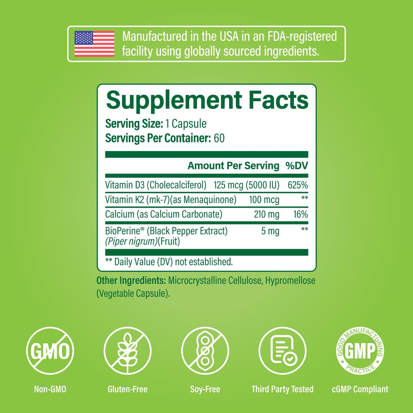 Noophoric Vitamin D3 K2 5000 IU D3 with K2 MK7 Capsules, 60 Capsules