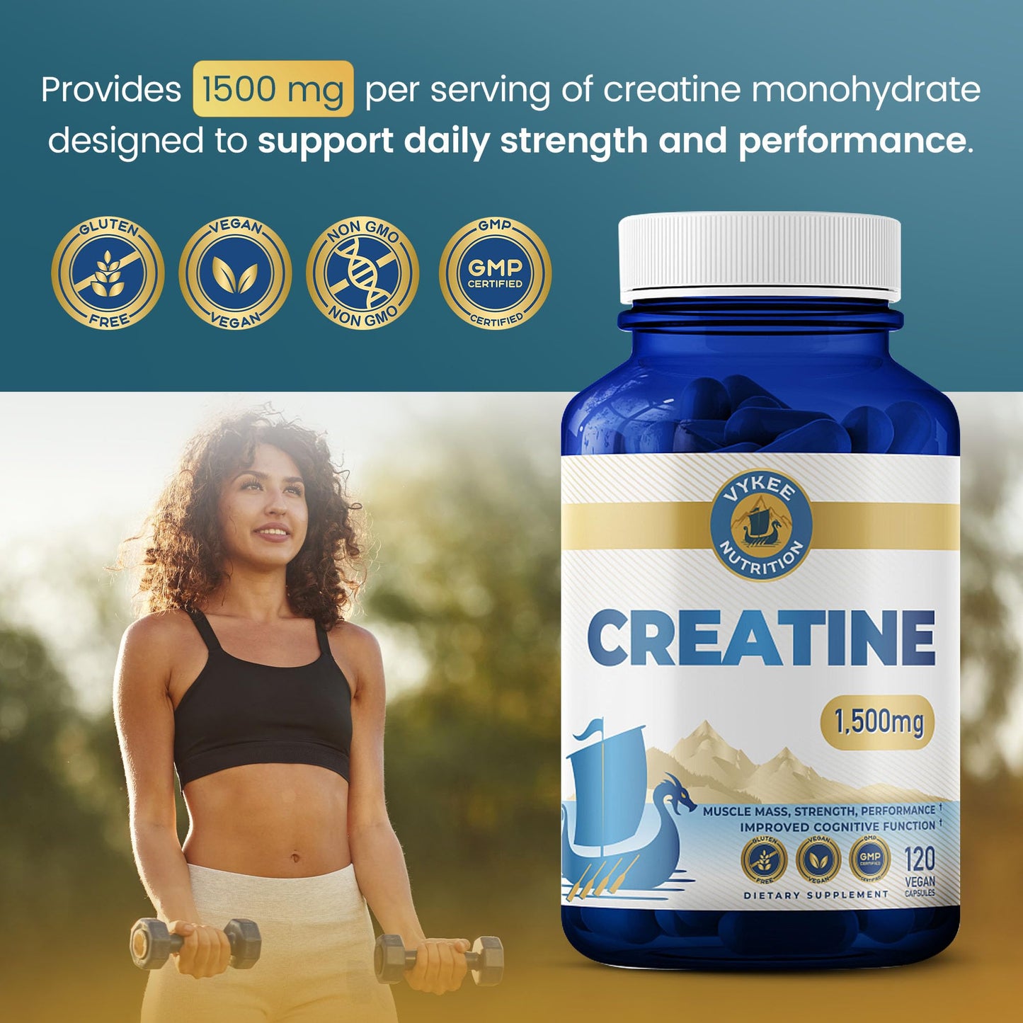 Vykee Nutrition Creatine Monohydrate Capsules 1,500 mg, 120 Capsules