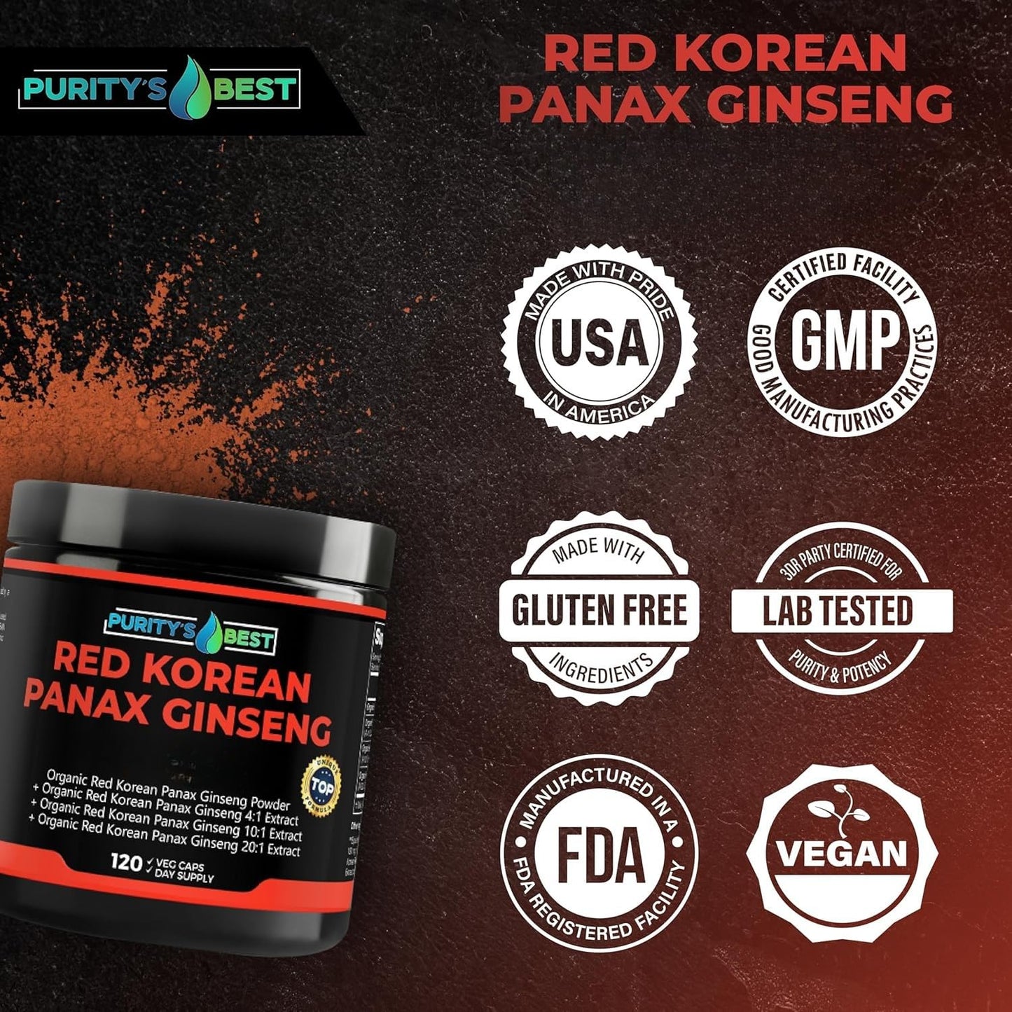 Purity`s Best Red Korean Panax Ginseng – 5% Ginsenosides – Herbal Supplement – 120 Veggie Capsules