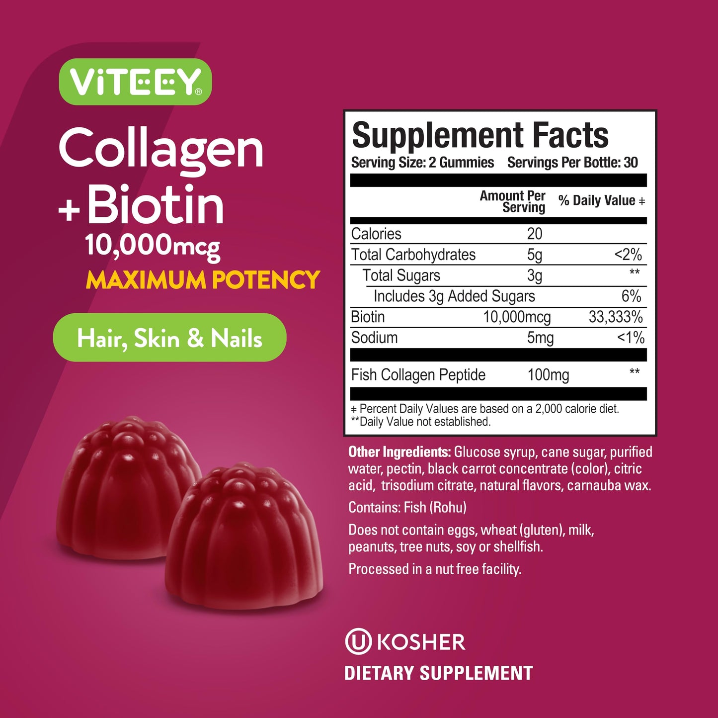Viteey Collagen Gummies with Biotin Gummy, 120 Count