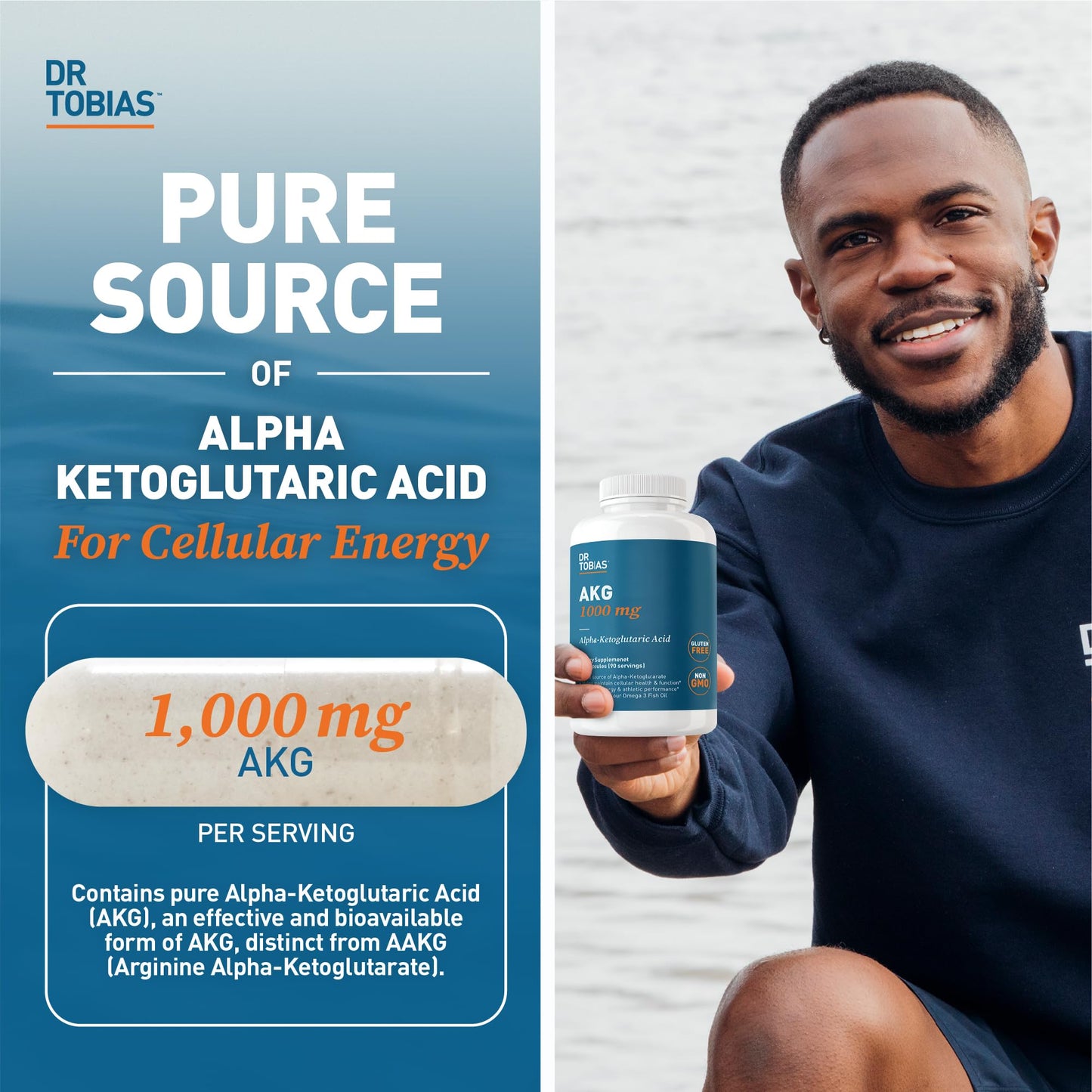 Dr. Tobias AKG Supplement 1000mg Bioavailable Alpha Ketoglutaric Acid Capsules 180 Count