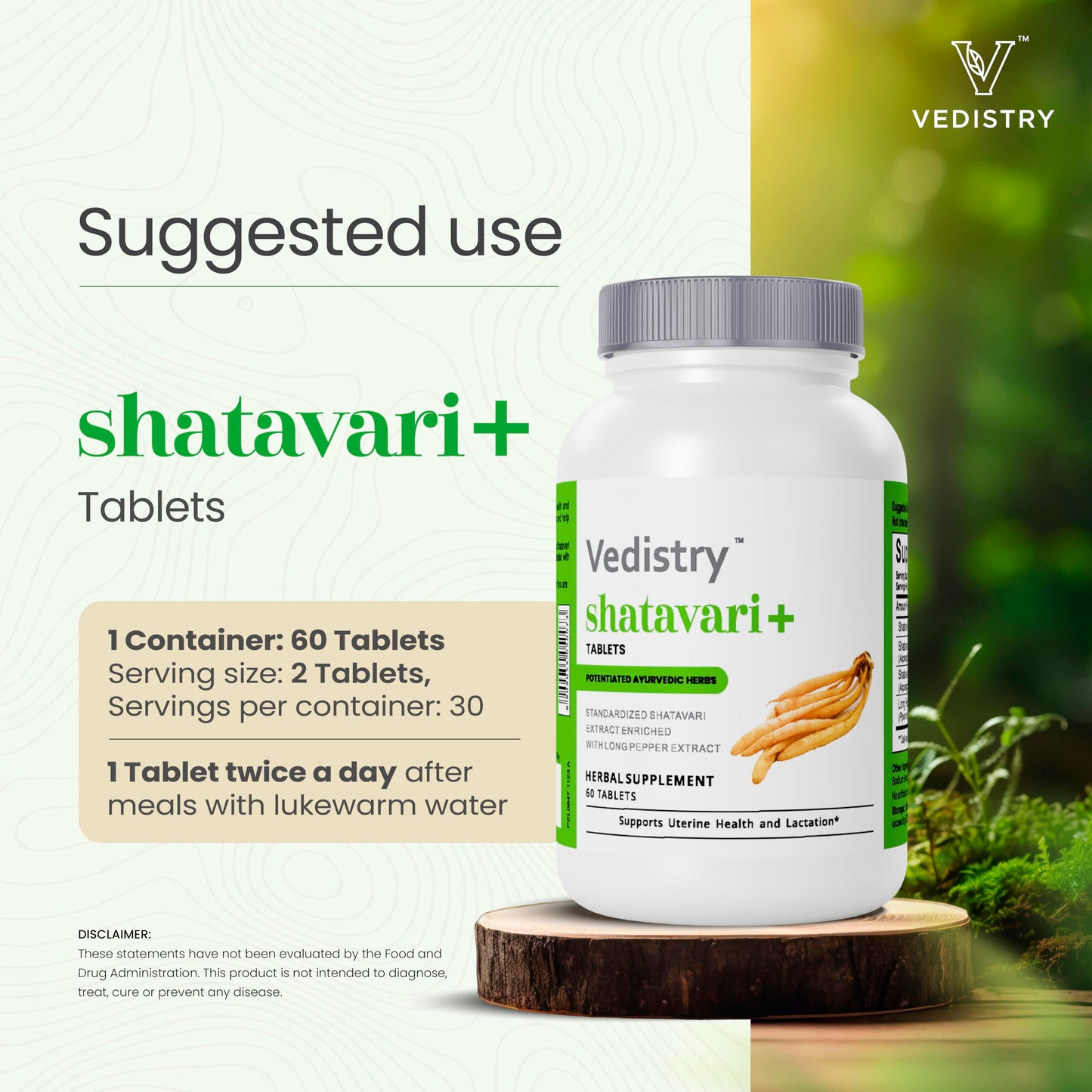 Vedistry Shatavari+ Tablets for Hormonal Balance, Menopause Support with Shatavari & Piperine, Lactation & Uterine Vegan Herbal Supplement for Energy, Reproductive Health with Long Pepper, 60 Tablets
