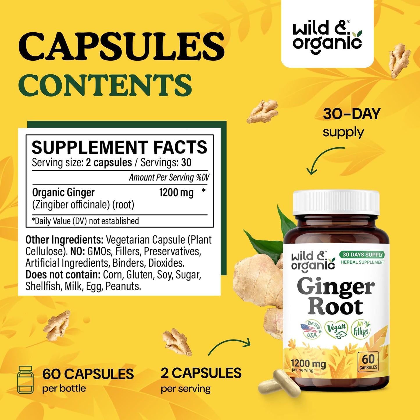 Wild & Organic Ginger Root 1200 mg Capsules, 60 Count