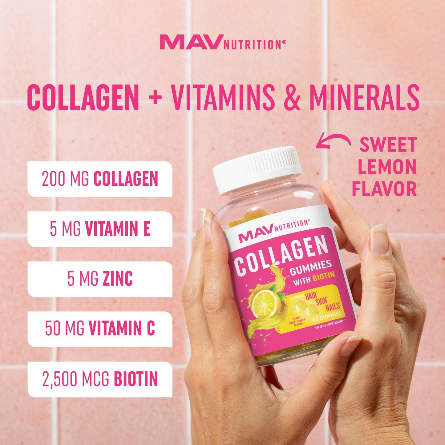 MAV NUTRITION Collagen Gummies for Women, 200mg Hydrolyzed Collagen + 2500mcg Biotin, 60 Gummies