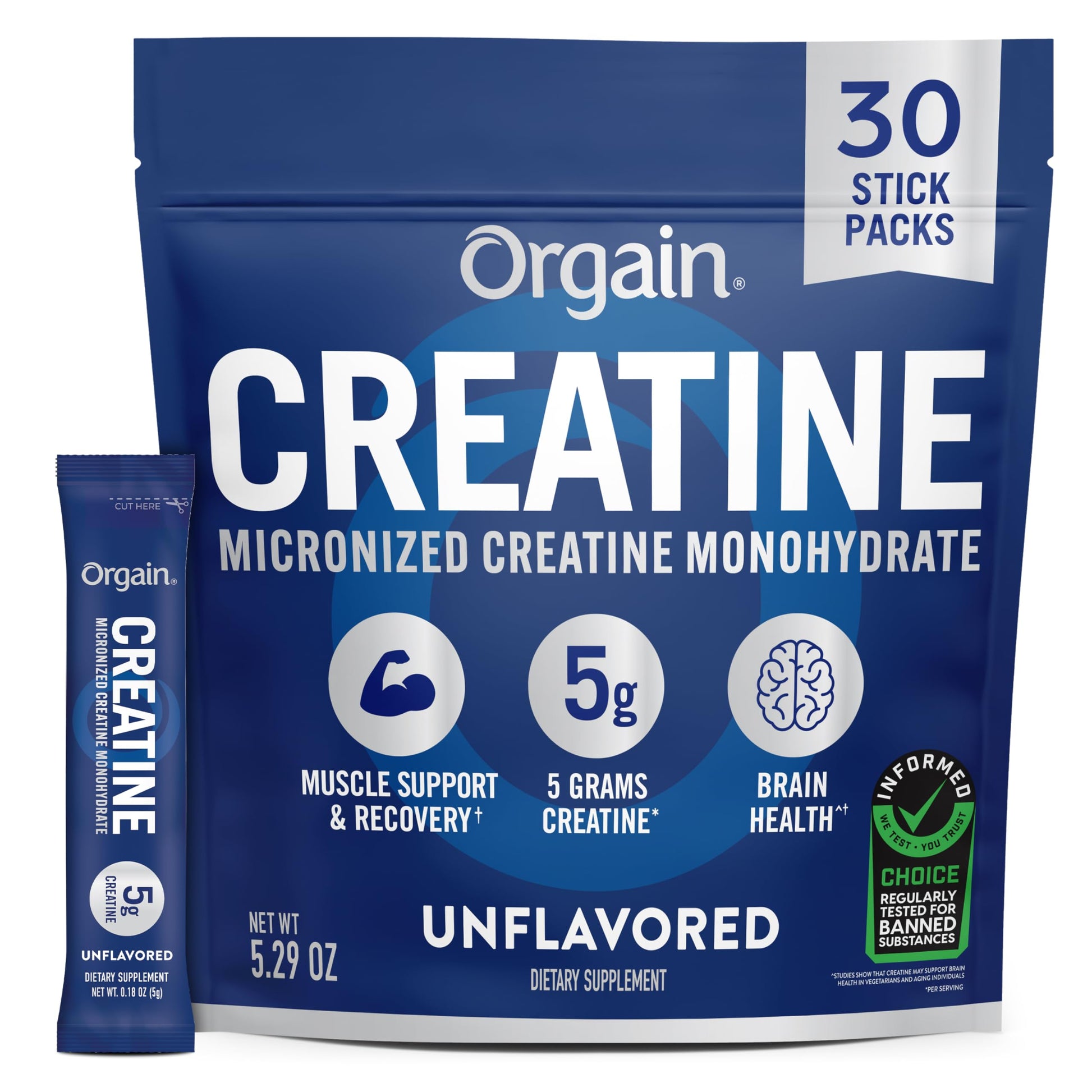 Orgain Creatine Monohydrate Micronized Powder, 5g, Unflavored, 30 Sticks