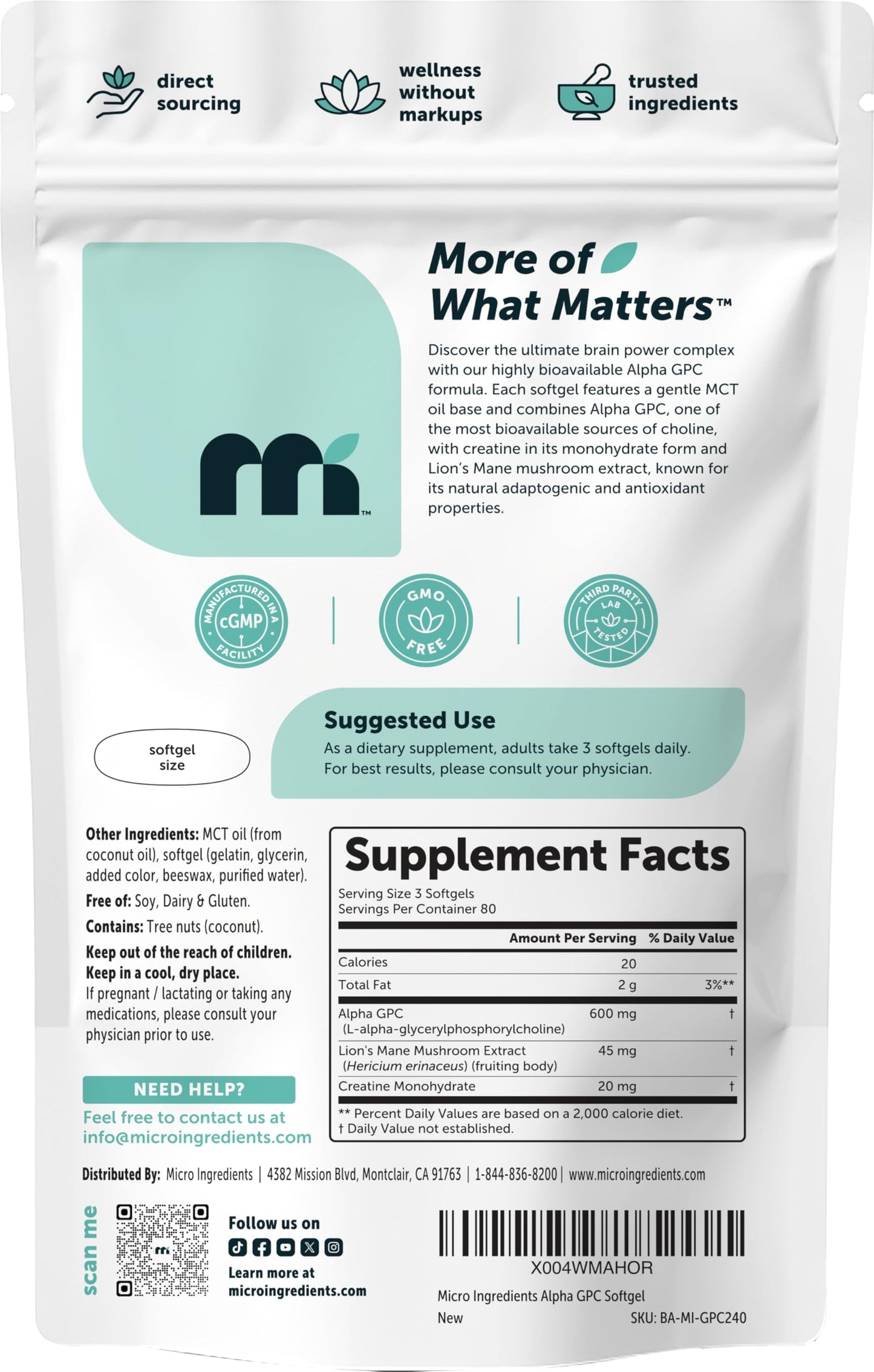Micro Ingredients Alpha GPC 600mg per Serving with MCT Oil Softgels 240