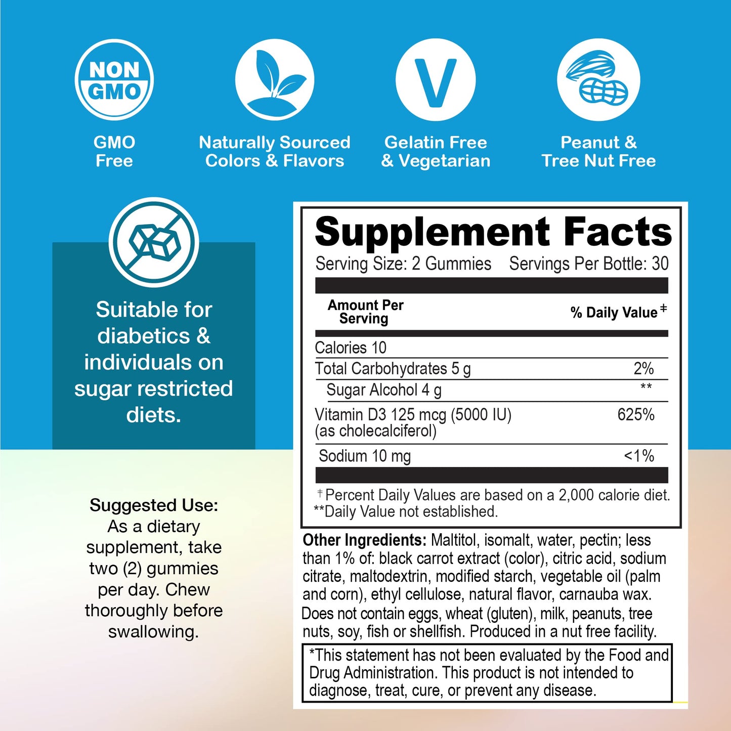 YUM-V'S Vitamin D3 Gummies with Zero Sugar for Adults & Kids (125 mcg) 60 Count