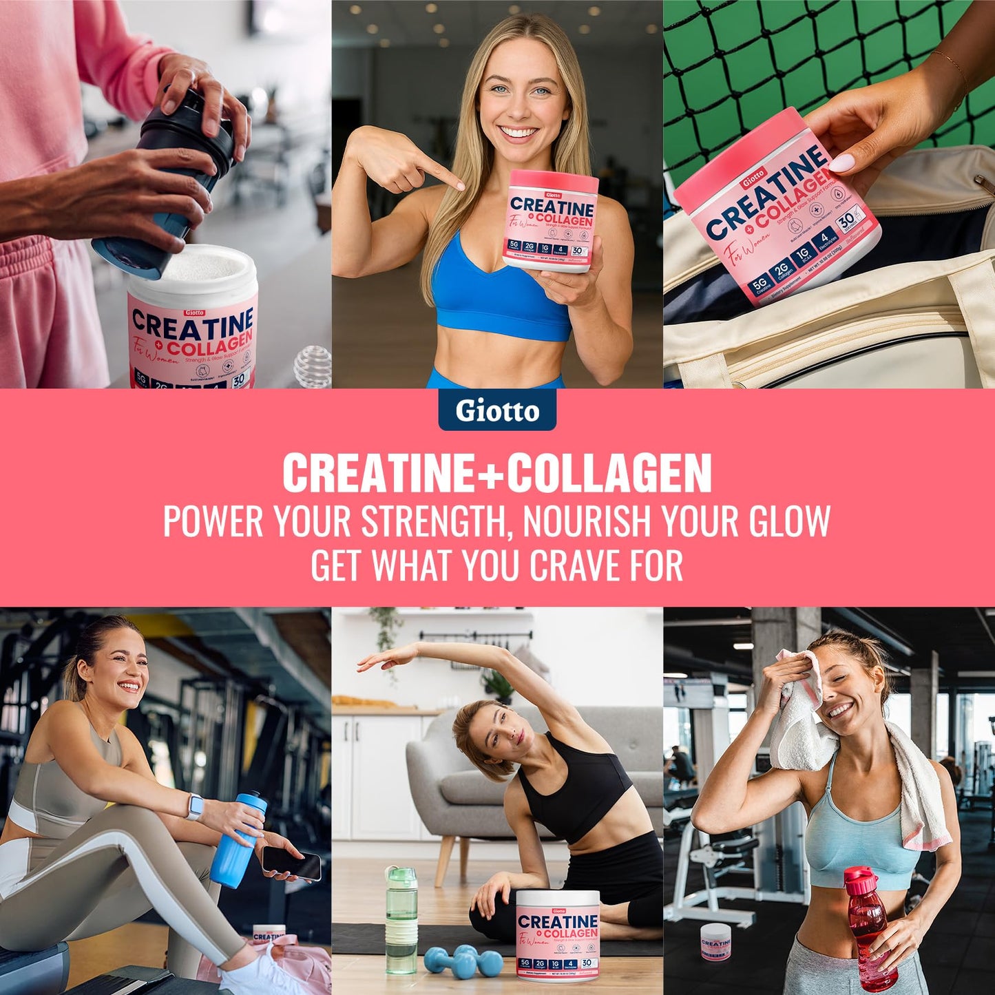 Giotto Creatine Powder for Women – 30 SVG, 5g Monohydrate Creatine with 2g Collagen, 1g BCAAs & Electrolytes for Lean Muscle, Strength & Recovery – Unflavored, 10.6 Ounce
