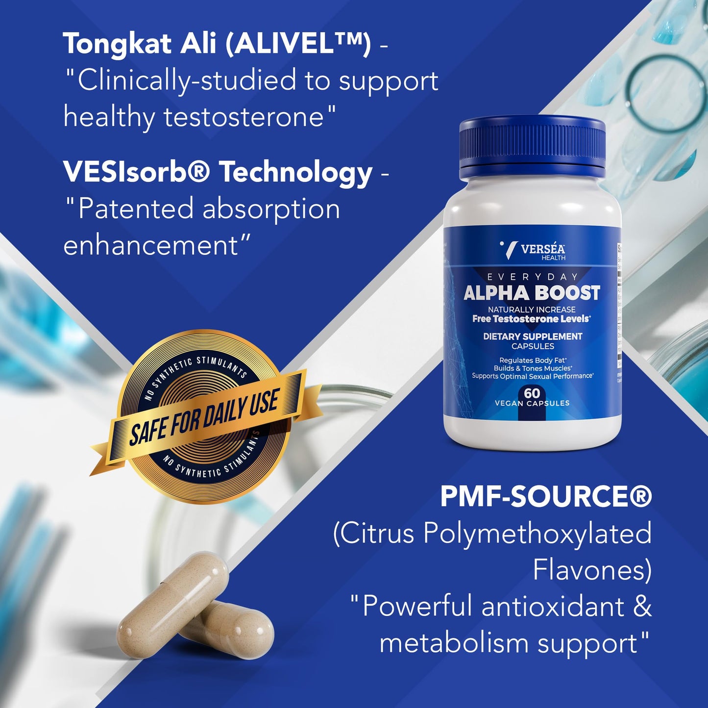 Verséa Alpha Boost – Natural Free Testosterone Support, Energy, Stamina, Endurance & Vitality for Men & Women, Multivitamin for Healthy Aging & Performance & Utilizes VESIsorb® Capsule, 60 Count