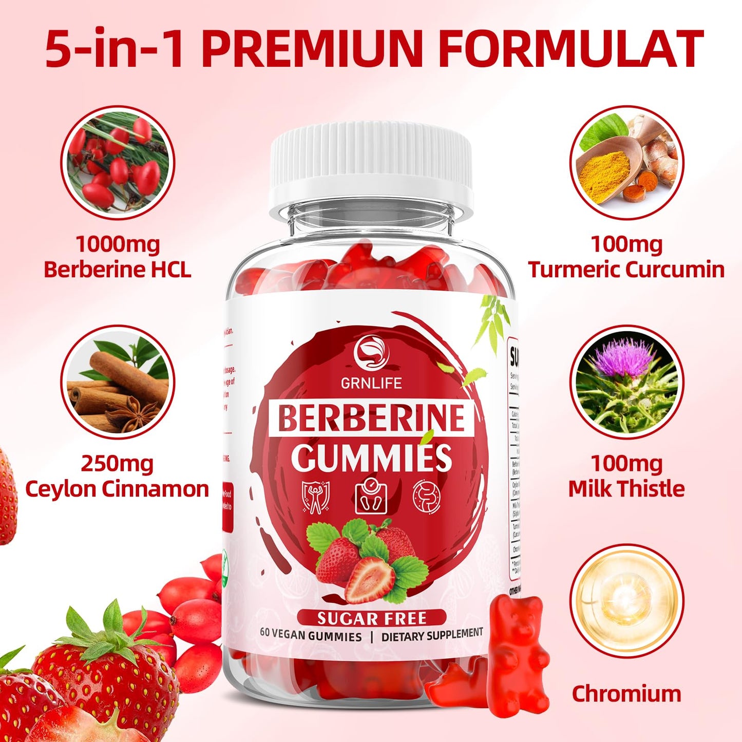 GrnLife Berberine Gummies with Ceylon Cinnamon High Potency Berberine HCL Supplement for Immune and Metabolism Support, Sugar Free Strawberry Flavor, 60 Count