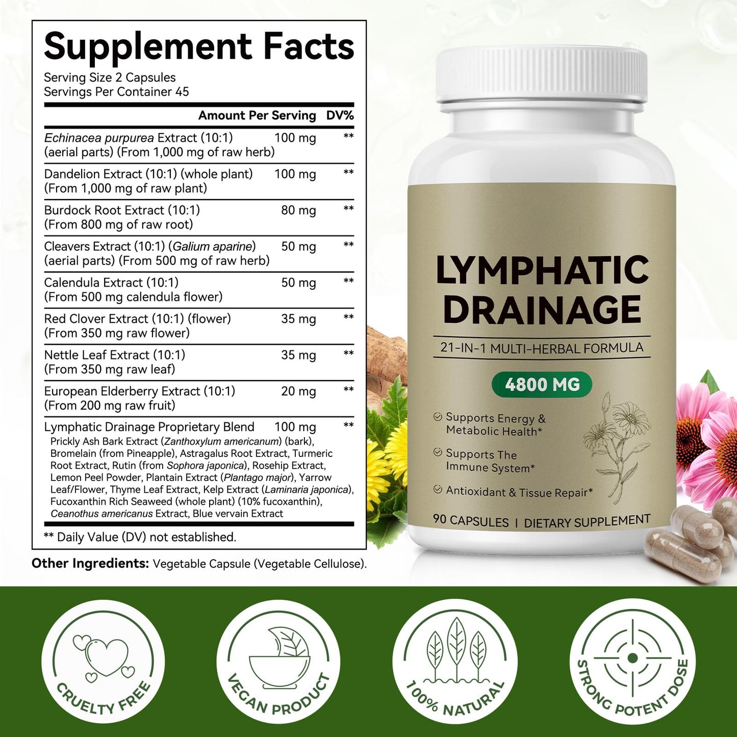 AIQIUSHA Lymphatic Drainage Supplement, 21-in-1 Herbal Complex with Dandelion, Burdock Root & Echinacea, Supports Fluid Balance & Herbal Wellness, 90 Capsules