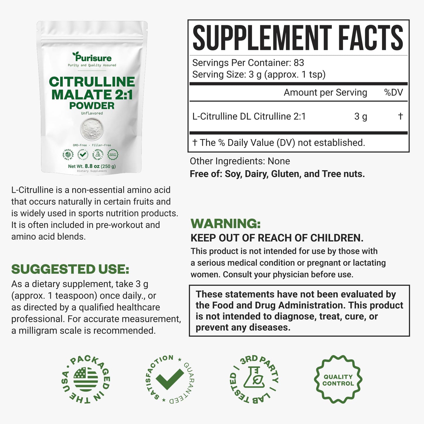 Purusire L-Citrulline Powder 8.81 Ounce