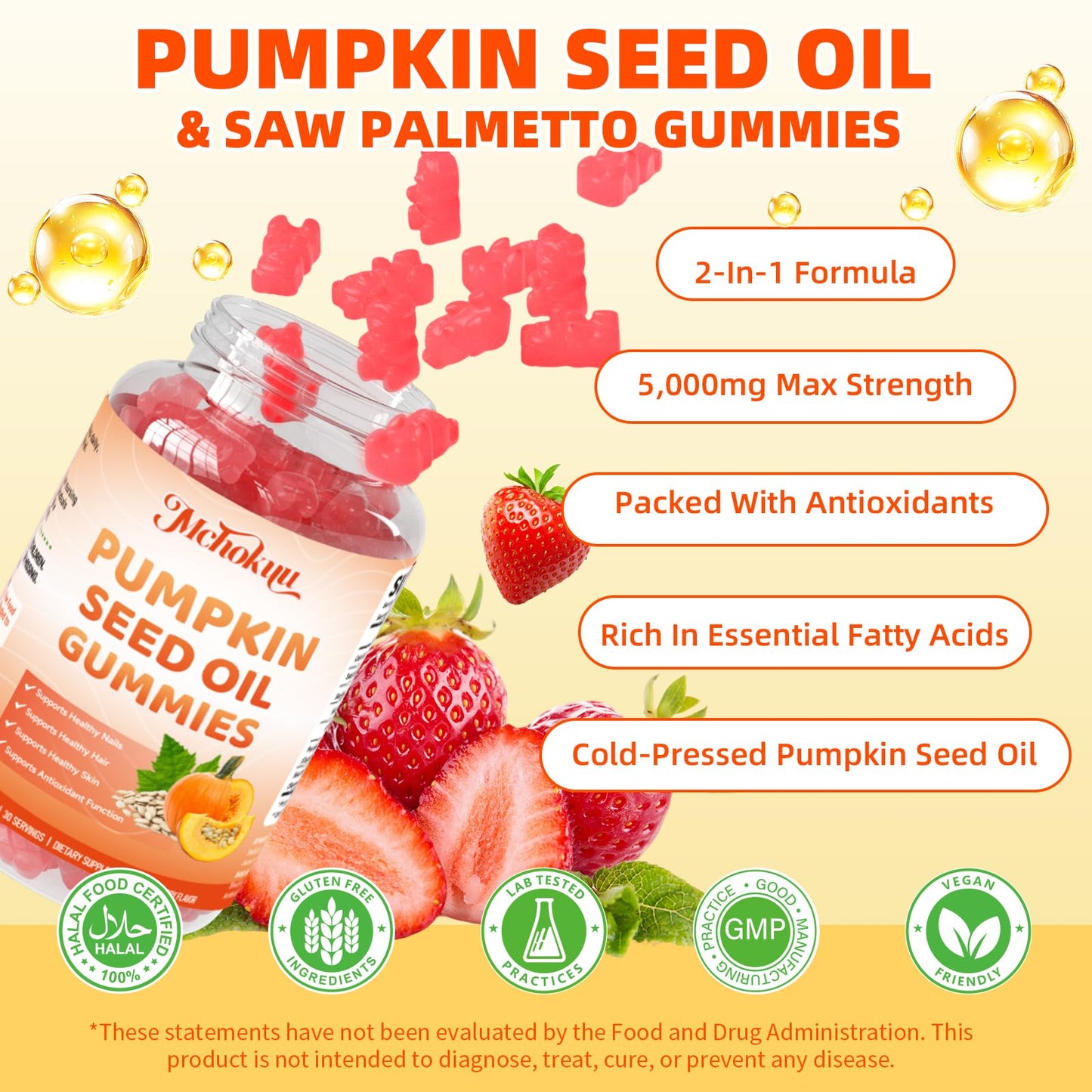 Mchokuu Pumpkin Seed Oil Supplement Gummies with Saw Palmetto for Hair Growth & Skin Health Support, High Pure Extract for Women & Men Extra Strength Pumpkin Seed, Strawberry Flavor, 60 Count