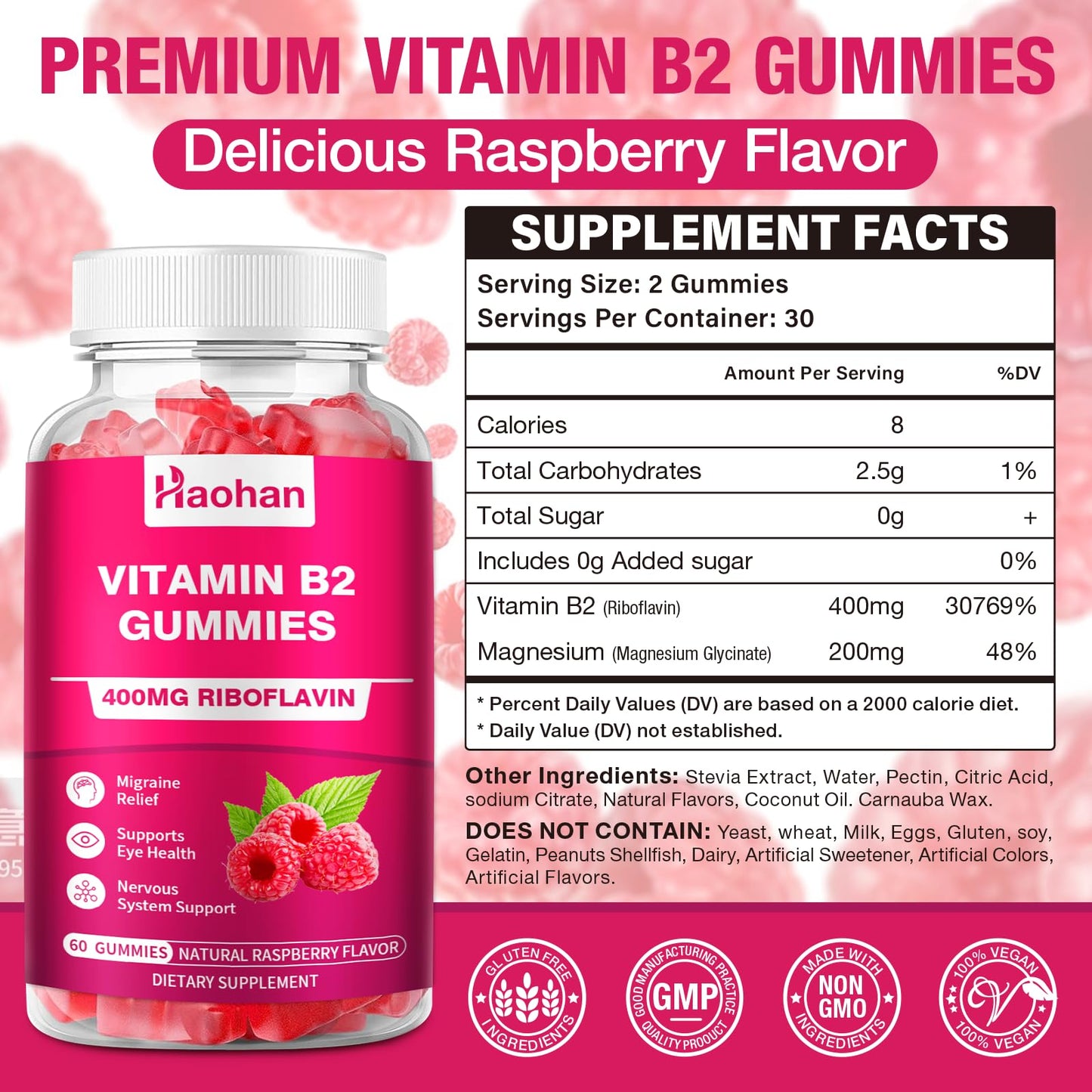 Haohan Vitamin B2 400mg with Magnesium Gummies, 60 Count