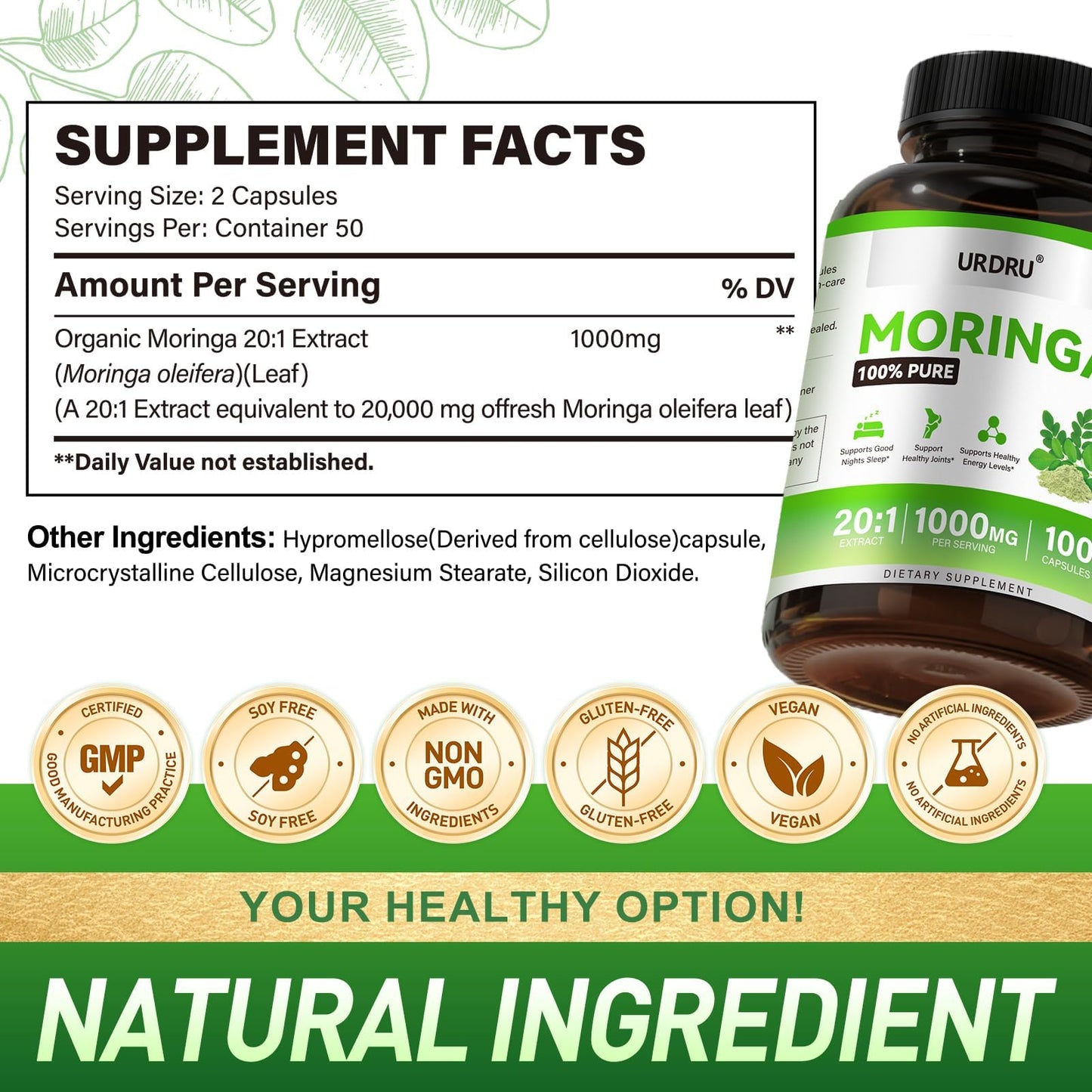 URDRU Moringa Capsules 1000mg per Serving, 100 Capsules