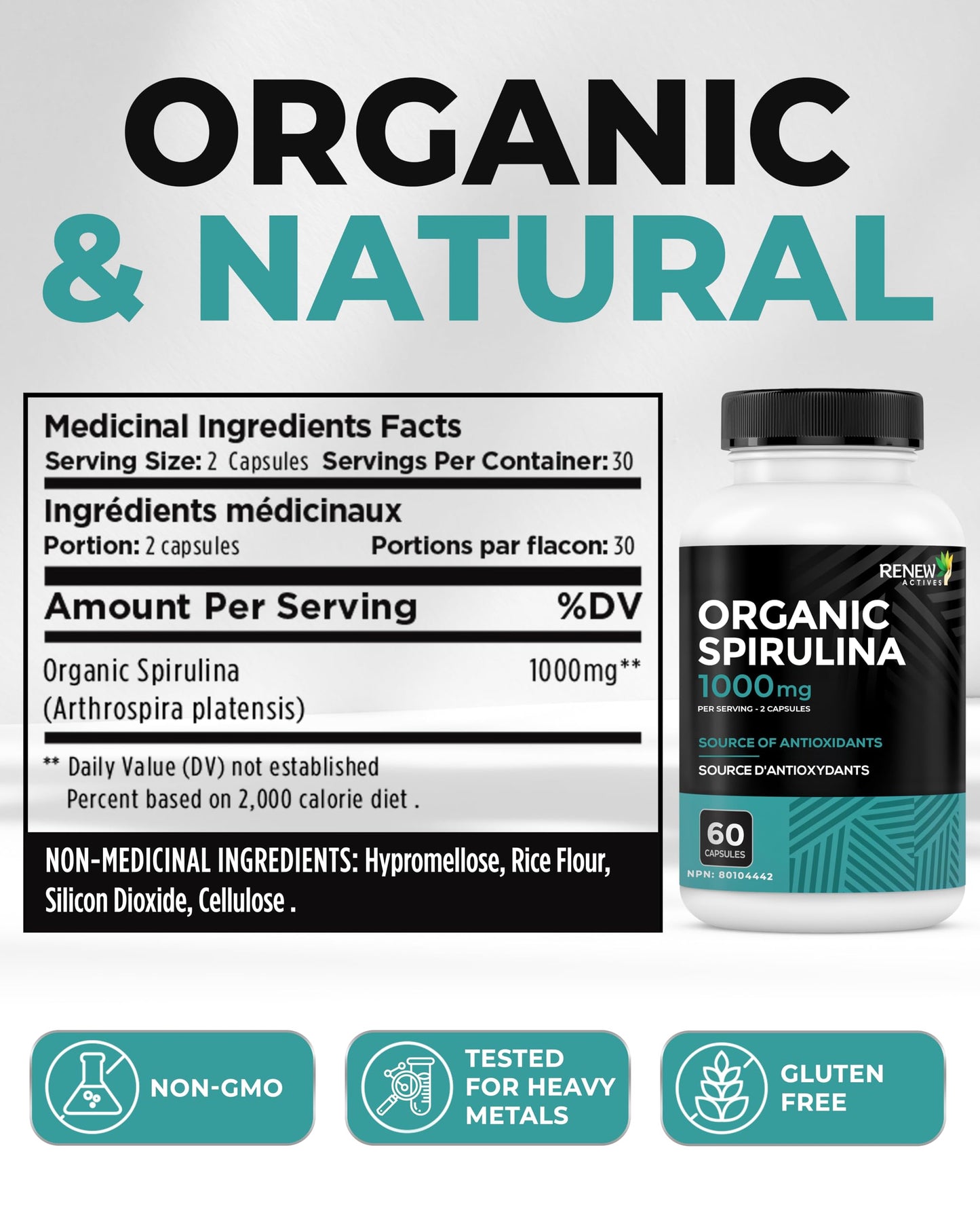Renew Actives Organic Spirulina 1000mg Capsules 60 Count