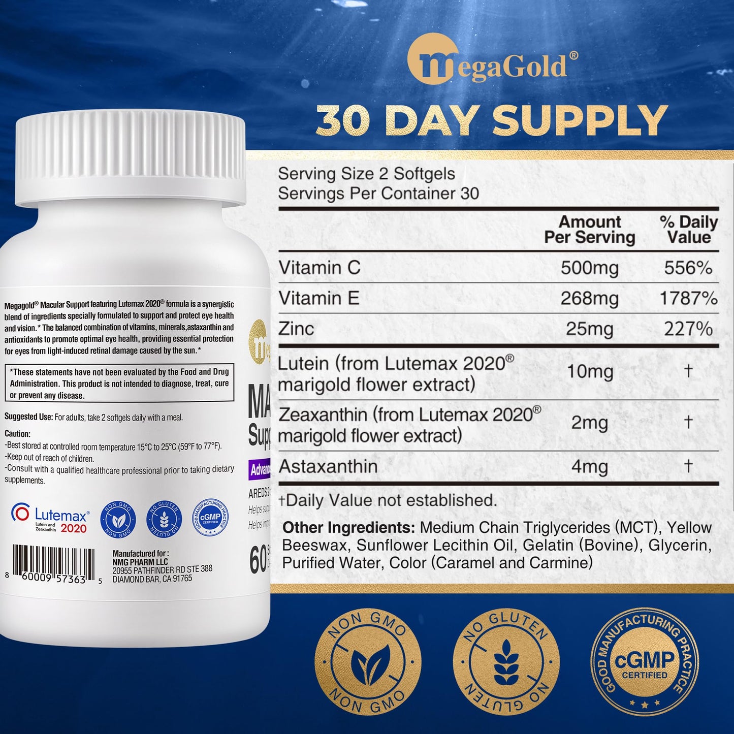 MegaGold Macular Support Advanced Formula Softgels, 60 Count