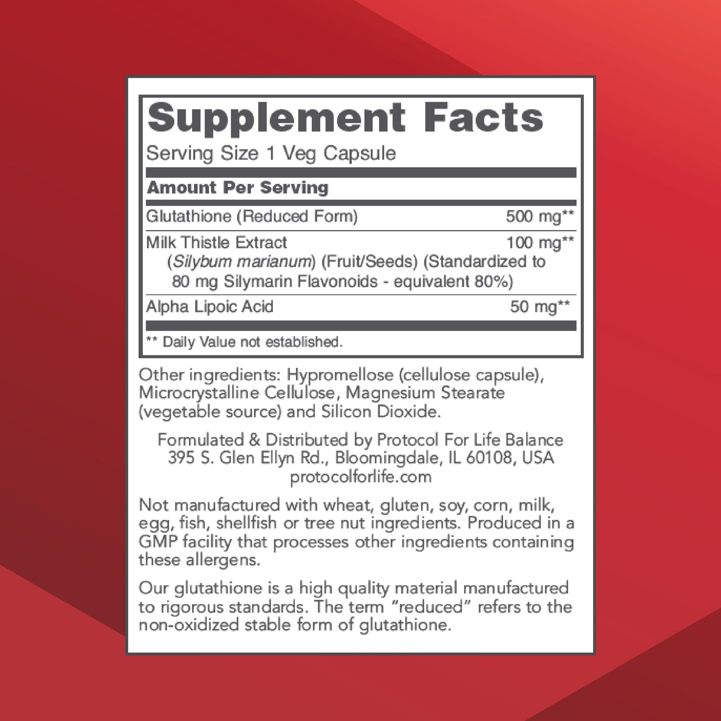 PROTOCOL FOR LIFE BALANCE Glutathione 500mg - Milk Thistle and Alpha-Lipoic Acid Capsules, 60 Count