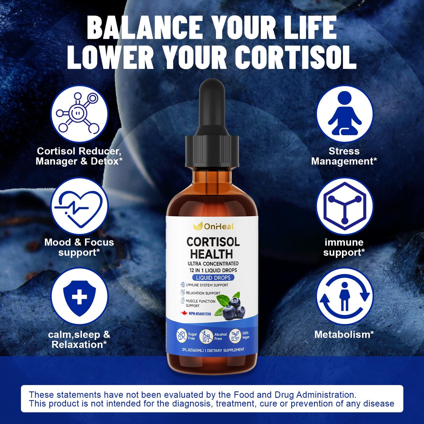 YBFQ Cortisol Supplement 12-in-1 Detox & Regulation Formula with Magnesium, L-Theanine & Hormone Balance Drops Capsule, 1 Count