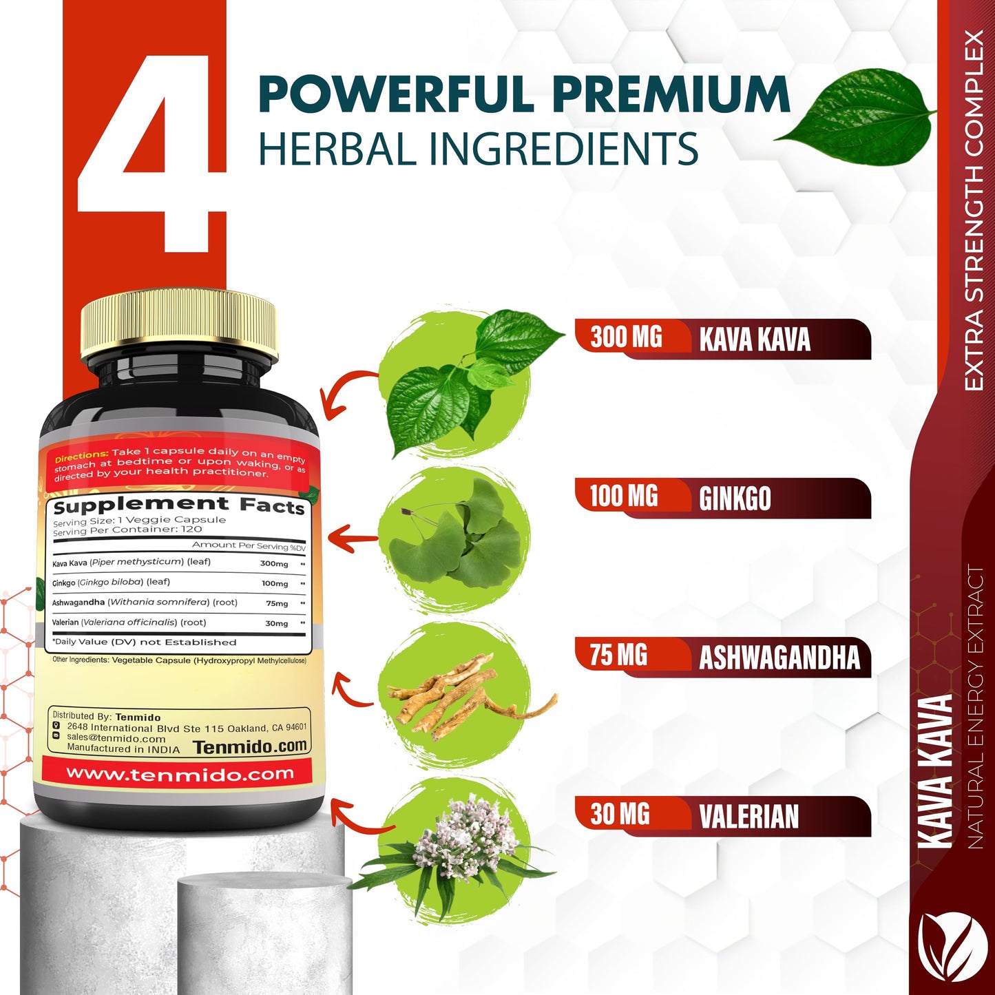 Tenmido Kava Kava Supplement Extract, 120 Capsules