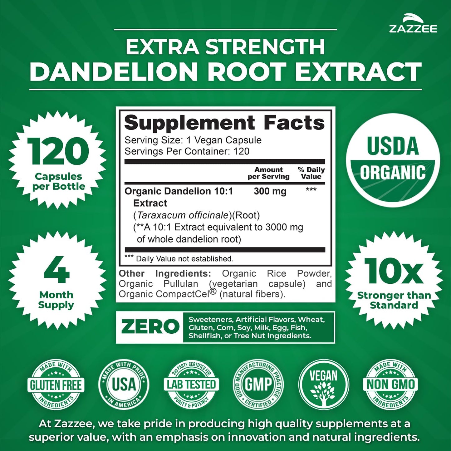 Zazzee USDA Organic Dandelion Root 10:1 Extract Capsules, 120 Count