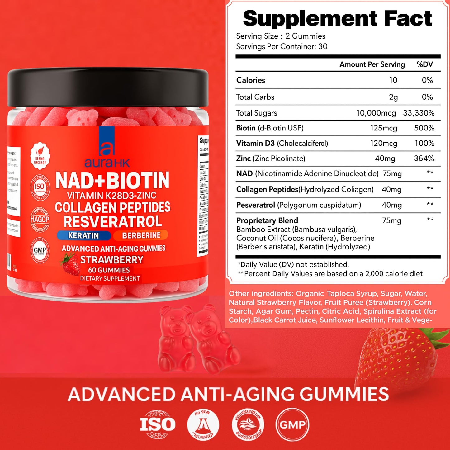 Aura HK NAD+Biotin, Resveratrol, Berberine & Anti-Aging Gummies, 120