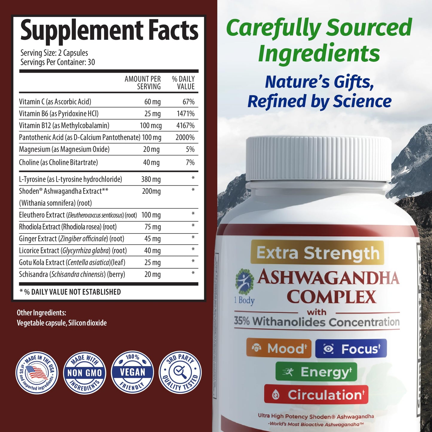 1 Body Adrenal Support Supplement – Ashwagandha Adrenal Complex for Stress, Energy & Mood – Adaptogens with Rhodiola, Eleuthero & B Vitamins – Adrenal Fatigue Support, 60 Capsules