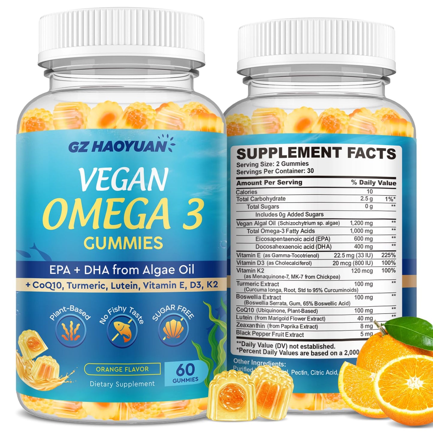 GZ HAOYUAN Vegan Omega-3 Gummies 1200mg, EPA 600mg DHA 400mg, Vitamin D3, K2, Sugar Free, No Fish Taste, 60 Count