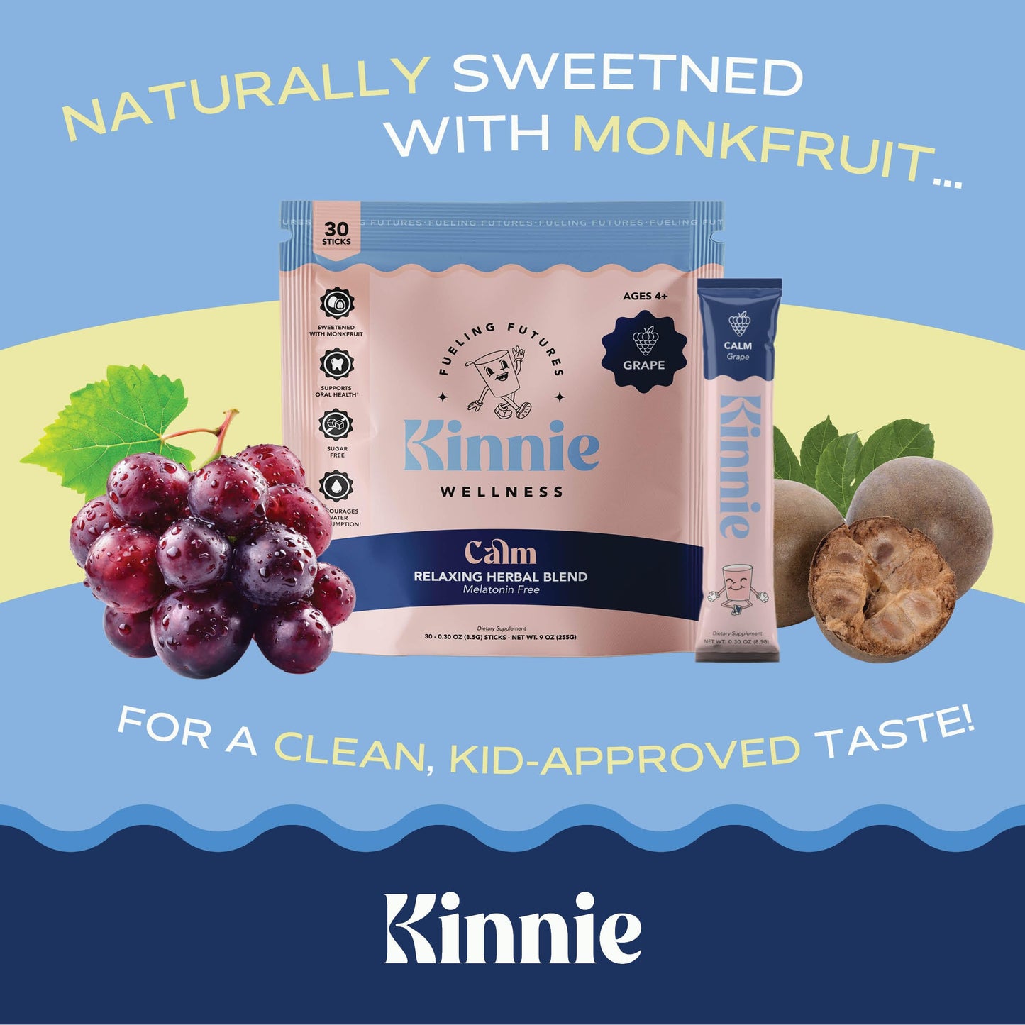 Kinnie Calming Sugar Free Vitamin Mix for Kids - Grape Flavor, Melatonin Free - Herbal/Magnesium Supplement for Bedtime, Focus & Travel Powder 30
