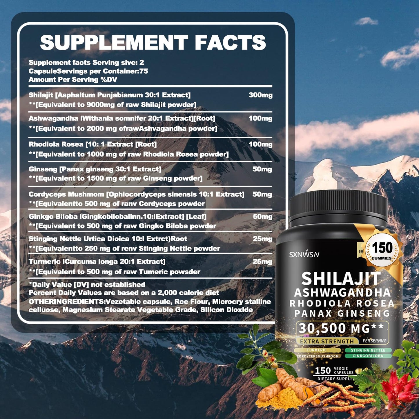 SXNWSN Shilajit Complex with Ashwagandha Rhodiola Rosea Ginseng Cordyceps Capsule, 1 Count