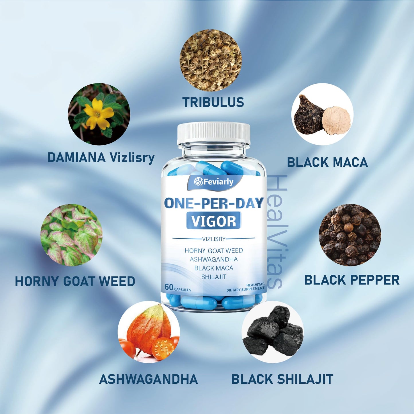 Feviarly Shilajit for Men 800mg with 1600mg Vitality Blend Capsules, 60 Count