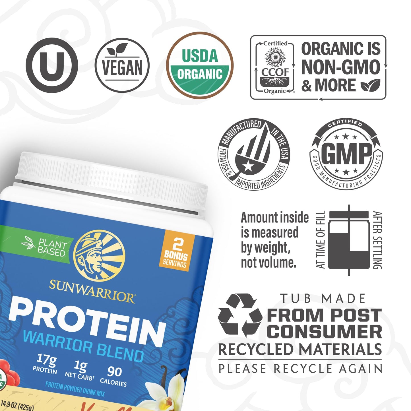 Sunwarrior Organic Plant Based Protein Powder Vanilla Flavored with BCAA Amino Acids & Hemp Seed Pea Blend, 17 Servings
