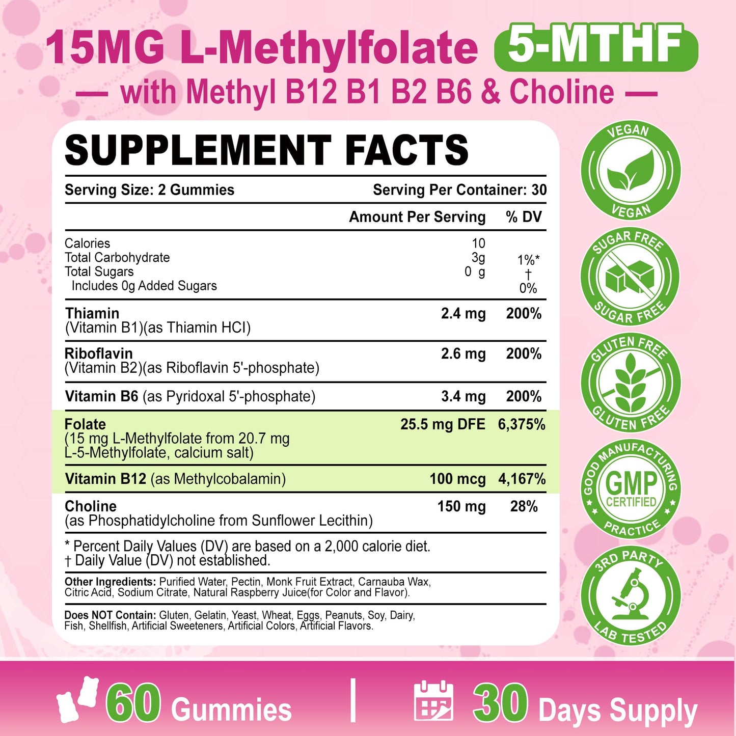 Luislyfe L-Methylfolate 15mg Gummies & Methyl B12, High Absorption Active Folate 5-MTHF Supplement for Cognition, Mood & Immune, Sugar Free, Vegan, Non-GMO, Raspberry Flavor, 60 Count