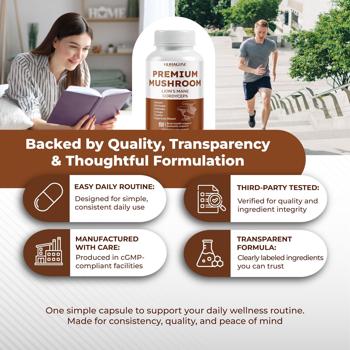 NURAFUSE Organic Mushroom 10-in-1 Formula Capsules, 150 Count