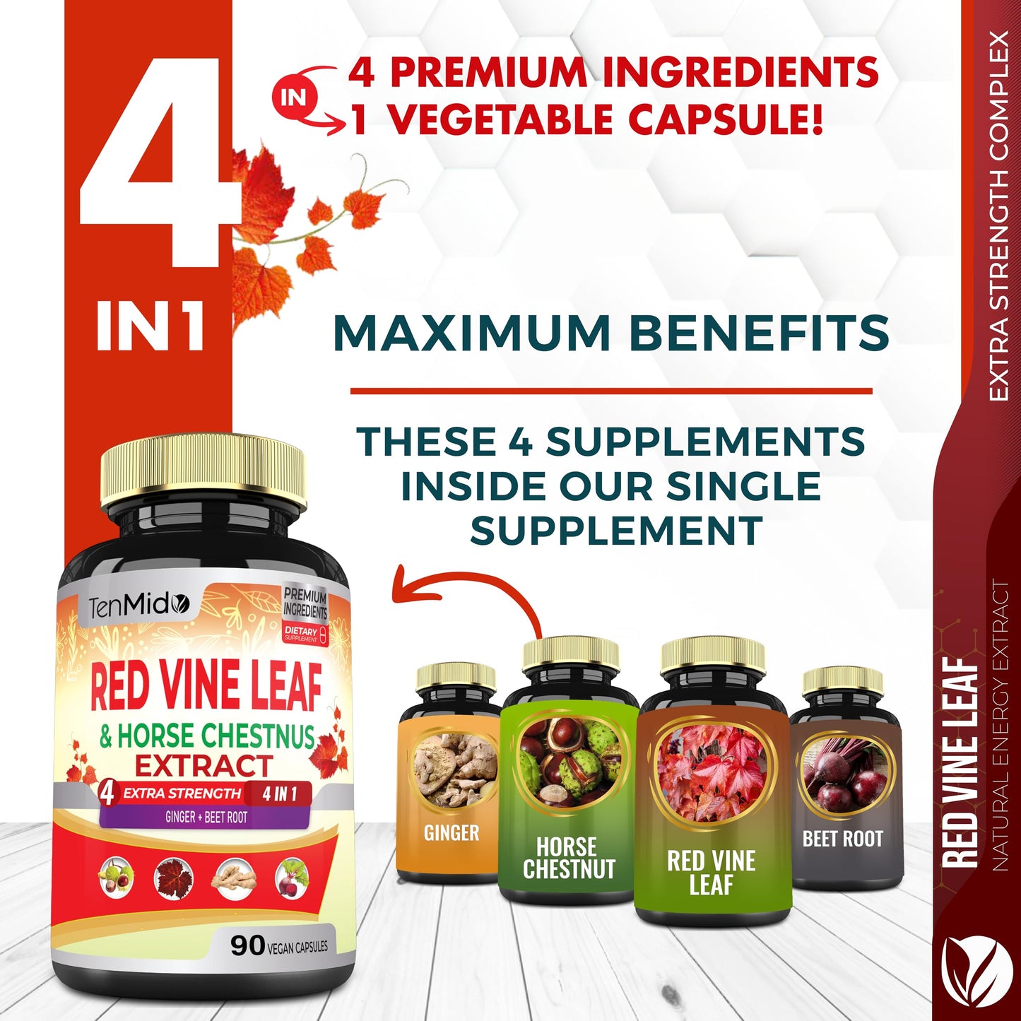 Tenmido Red Vine Leaf Extract Capsules with Horse Chestnut, Beet Root, Ginger - Herbal Supplement for Heart, Leg Vein & Energy, 120 Capsules