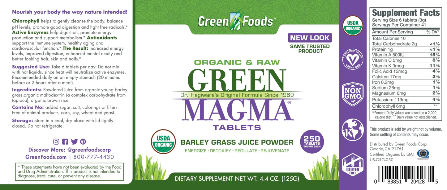 Green Foods Green Magma Barley Grass Nutritional Supplement Tablets, 250 Tablets