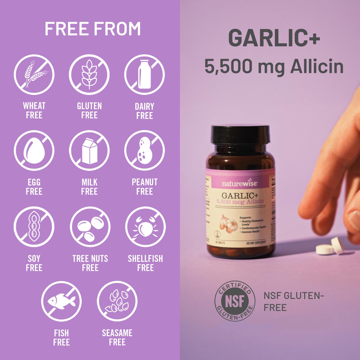 NatureWise Garlic Extract 5,500 mcg Allicin Supplement Tablets, 60 Count