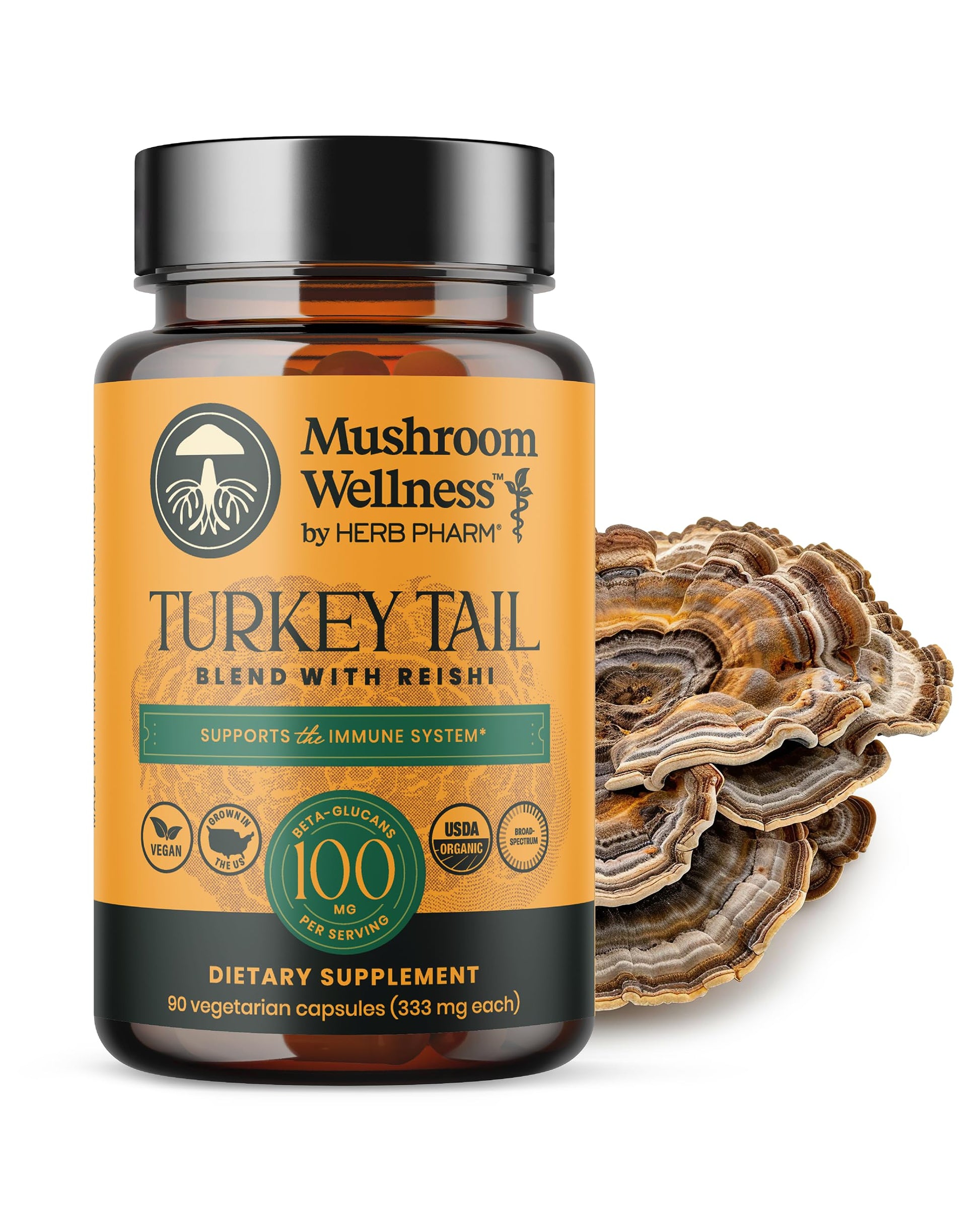 Herb Pharm Mushroom Wellness Turkey Tail Blend with Reishi Capsules, Organic Turkey Tail & Reishi Mushroom, Mushroom Powder Supplement, Traditional Immune, Energy & Vitality Support, 90 Capsules