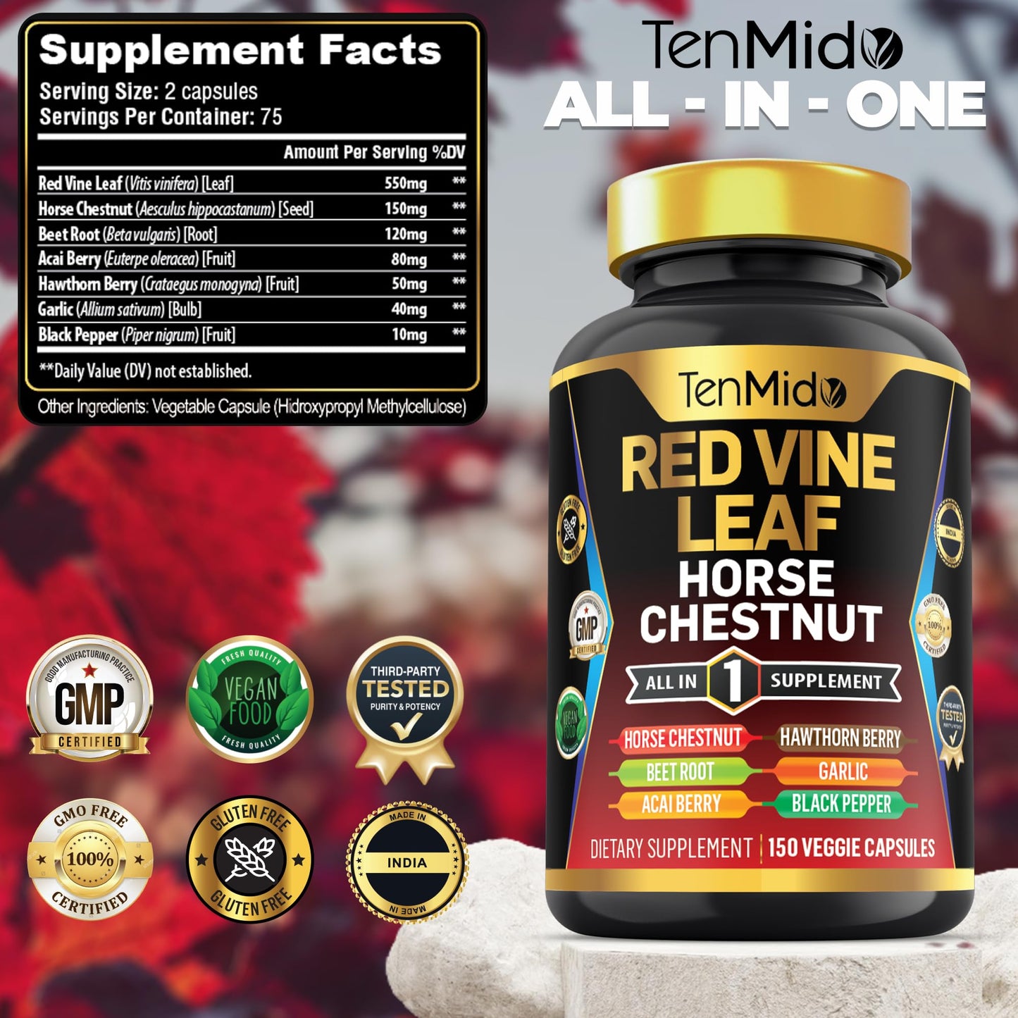 Tenmido Red Vine Leaf Extract Supplement 7in1 Formula Capsule, 150 Capsules