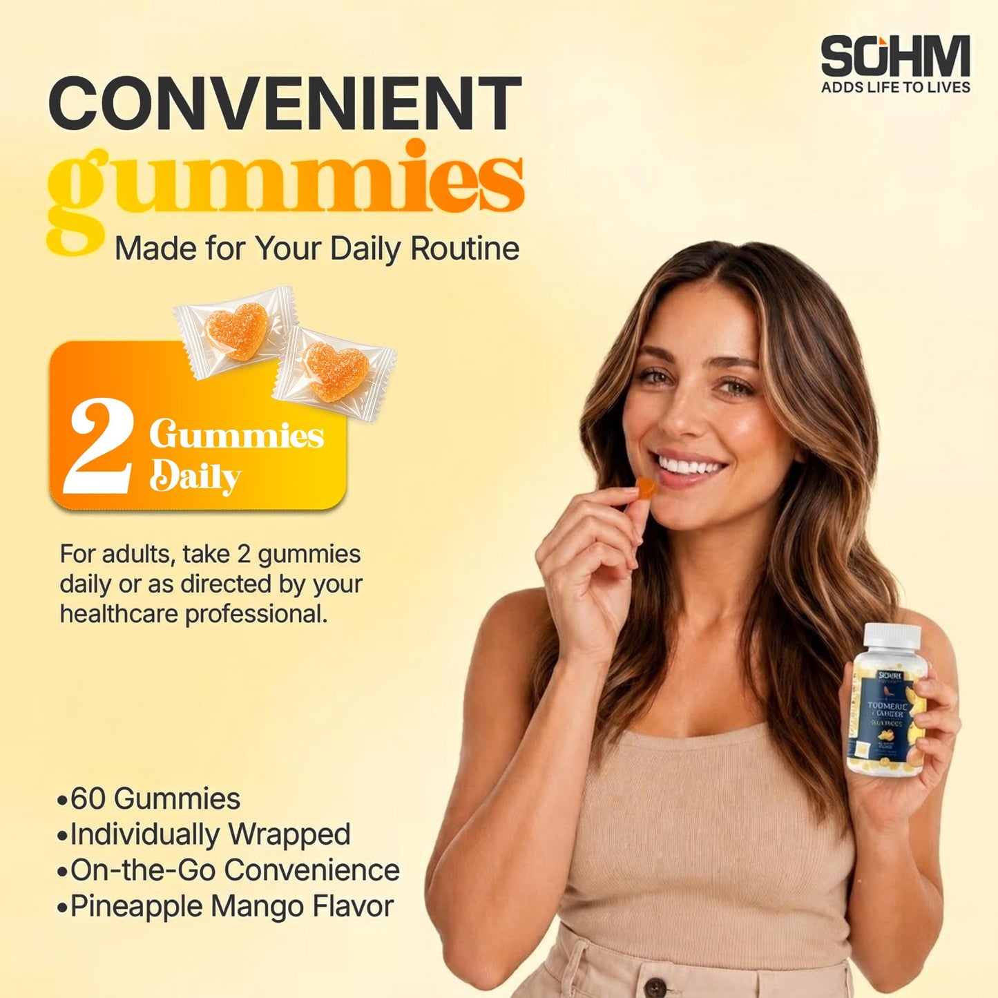 SOHM Turmeric Ginger Gummies for Joint Support, Skin Health & Daily Wellness, 60 Gummies