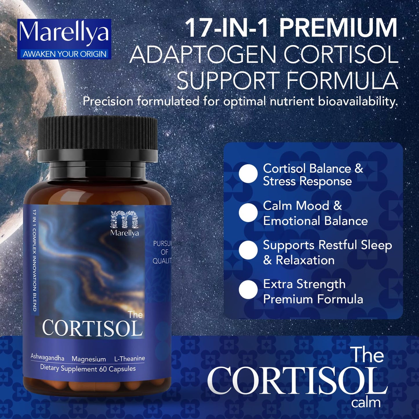 Marellya Cortisol Supplement for Women & Men – 17-in-1 Cortisol Manager with Ashwagandha, L-Theanine & Magnesium, 60 Vegetarian Capsules