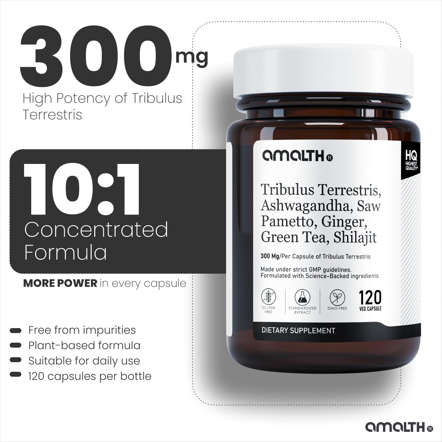 AMALTH Tribulus Terrsestris 20:1 Extract Capsules, 120 Count