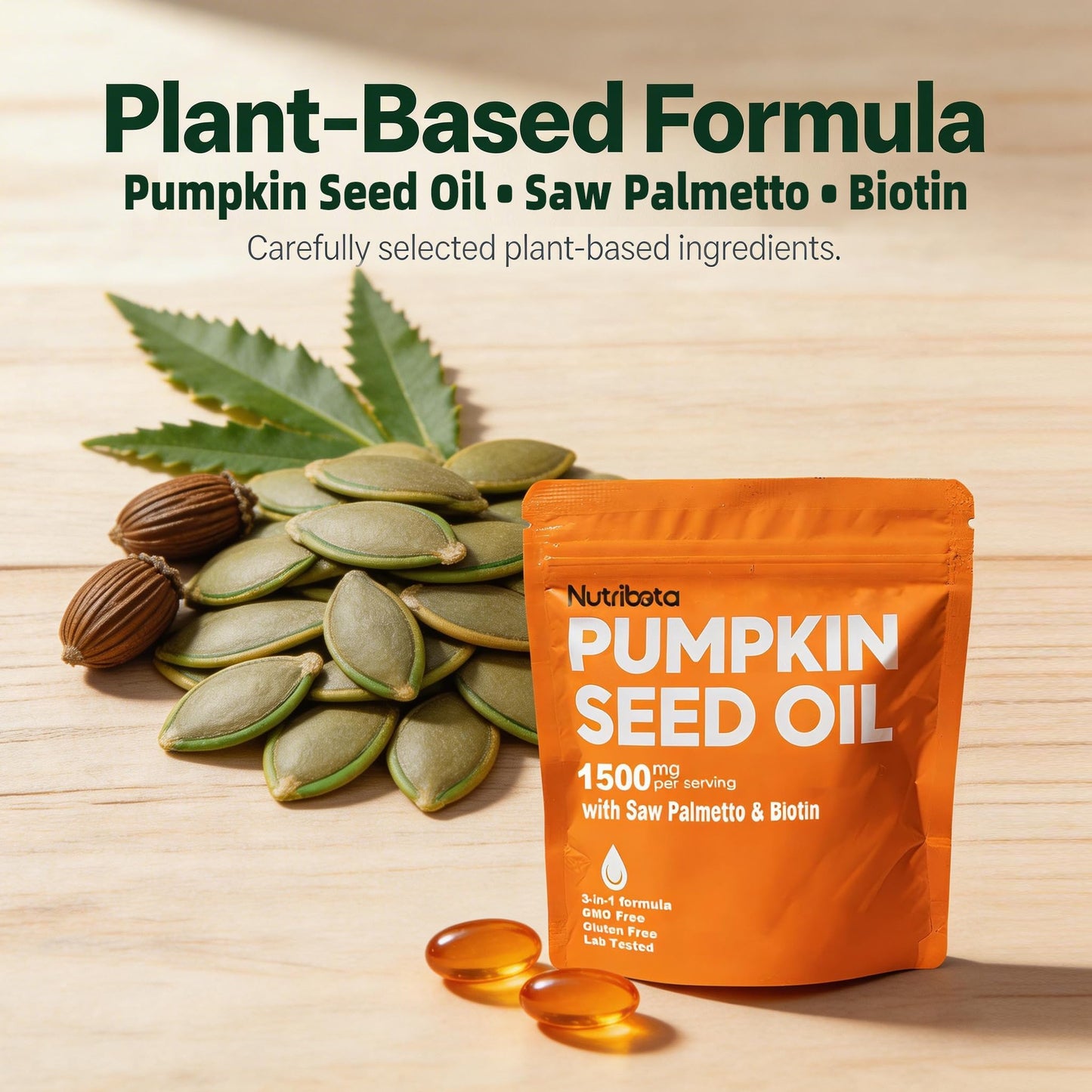 Nutribota Pumpkin Seed Oil Supplement 1500 mg per Serving with Saw Palmetto & Biotin, Advanced 3-in-1 Plant-Based Men's Wellness & Hair Nutrition Formula, Gummy 180 Count