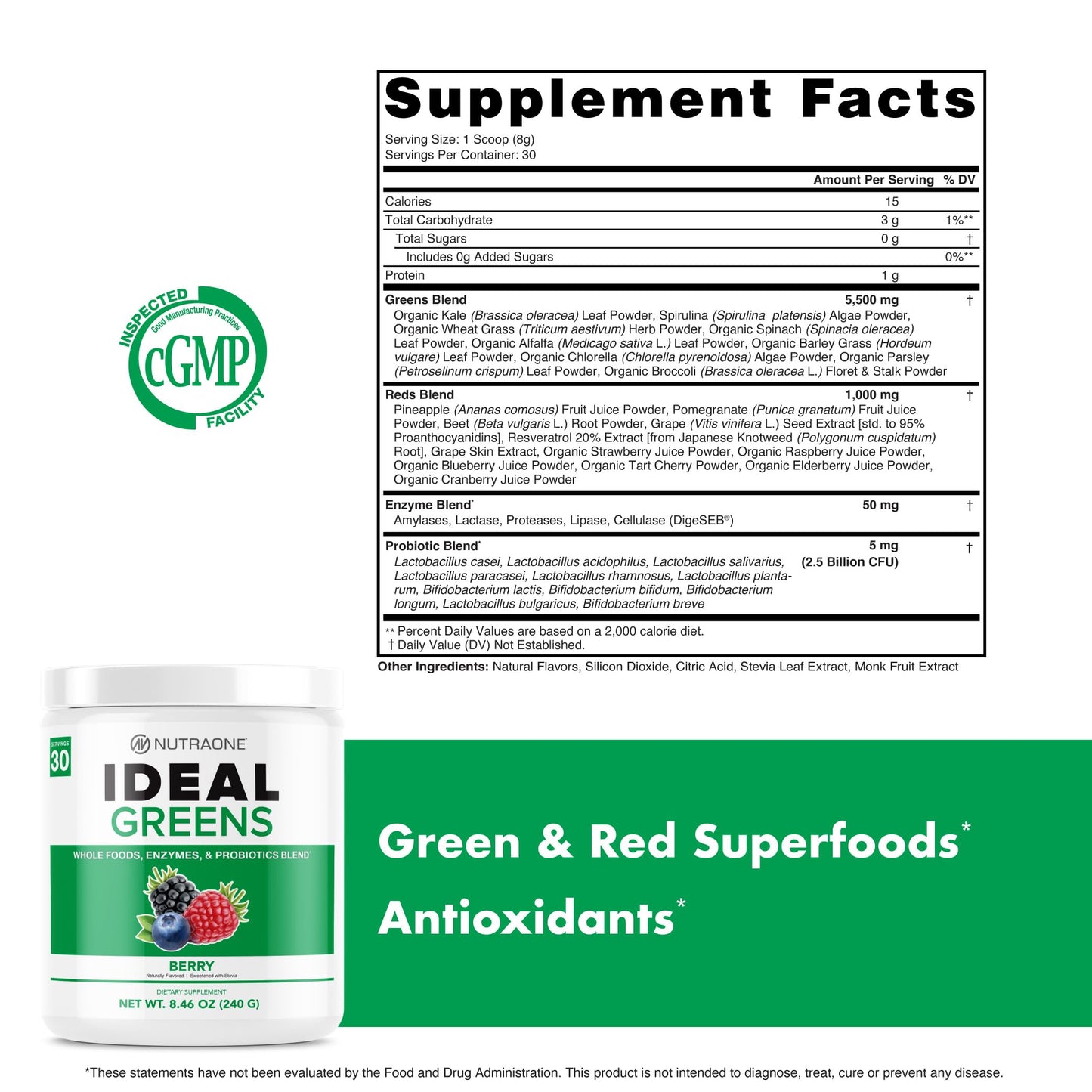 NutraOne Ideal Greens Antioxidant and Nutrient-Rich Superfood Greens Powder Berry, 8.46 Ounce
