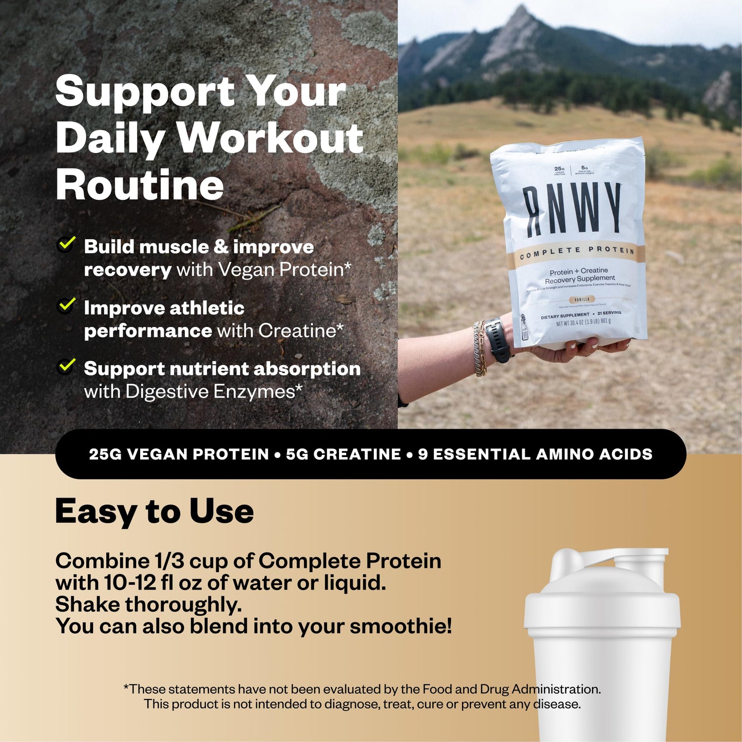 RNWY Complete Protein, 25g Yeast Protein + 5g Creatine Monohydrate, Vanilla Protein Powder, 21 Servings