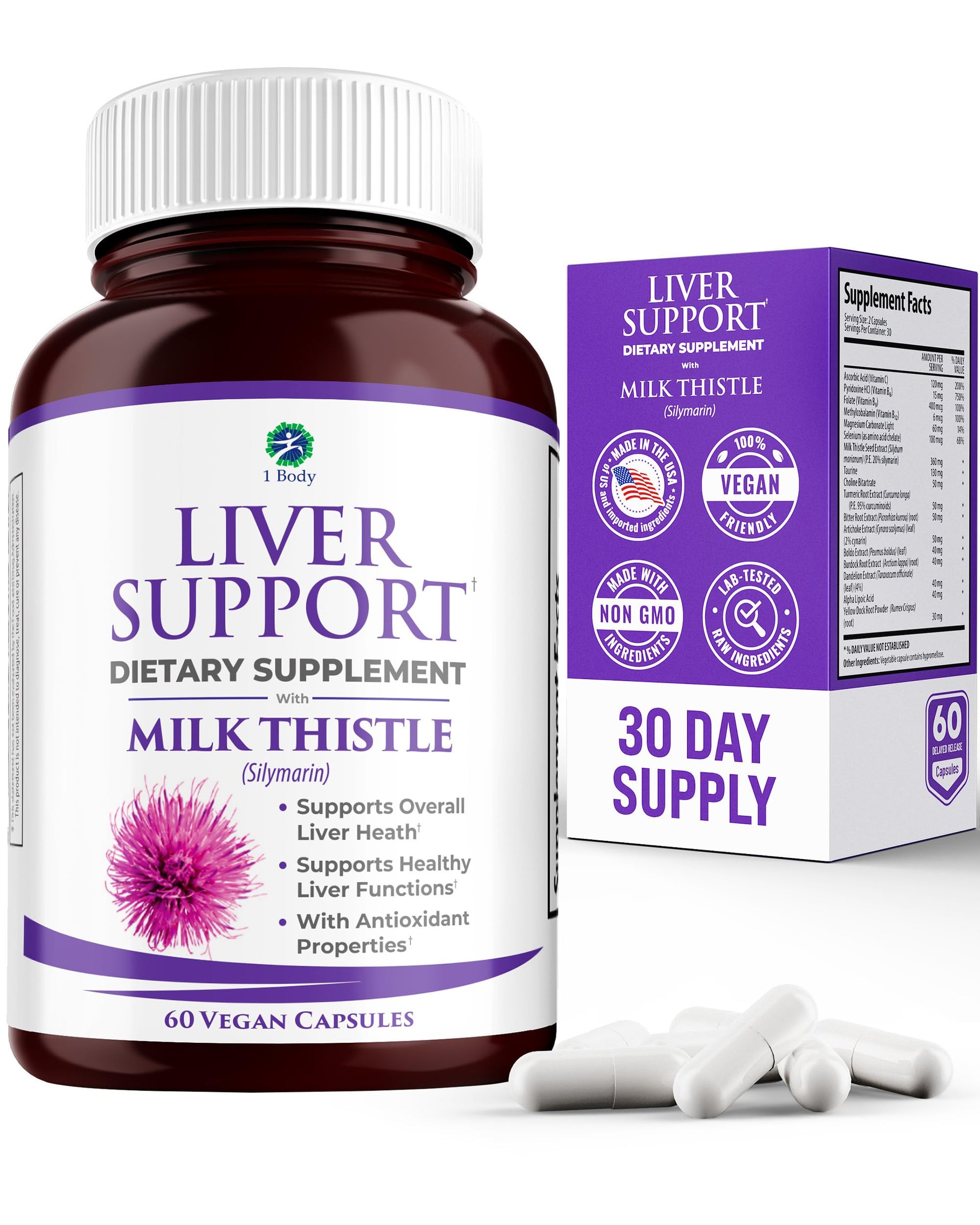 1 Body Liver Cleanse Detox & Repair – Milk Thistle Liver Support Supplement with Turmeric & Artichoke for Healthy Liver Function – Herbal Liver Health Formula for Fatty Liver Capsule, 60 Count