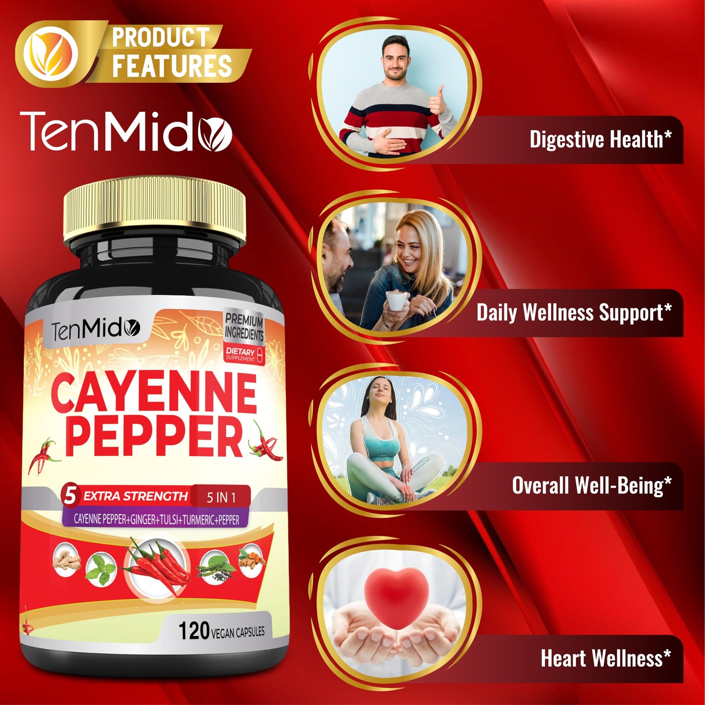 Tenmido Cayenne Pepper Supplements Extract Capsules, 120 Count