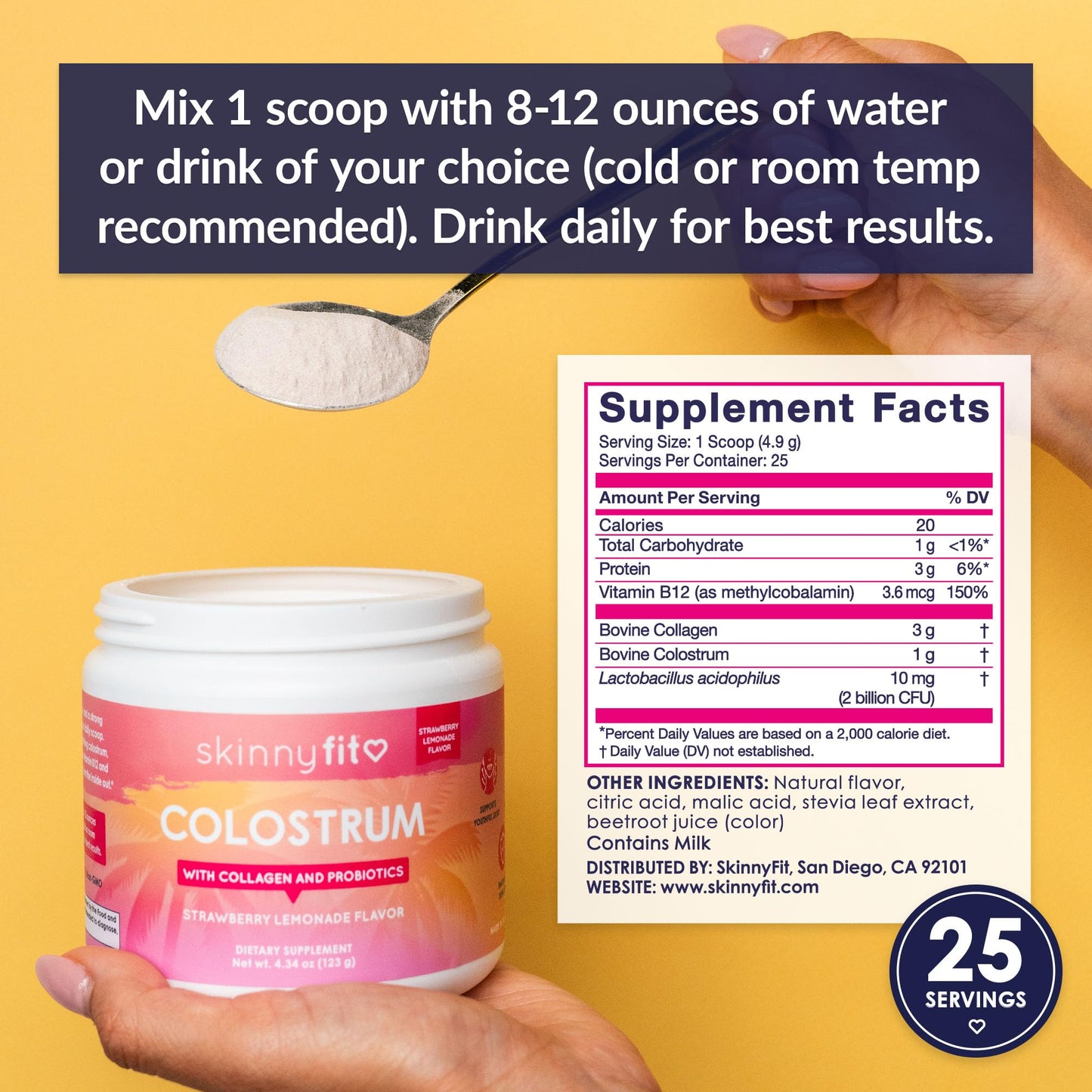 SkinnyFit Colostrum Powder (Strawberry Lemonade) - Collagen Peptides, Probiotics, Vitamin B12 - Supports Immunity, Skin & Gut Health, 4.34 Ounce